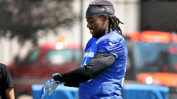 Bills defensive lineman Boogie Basham gets ready for practice during training camp.